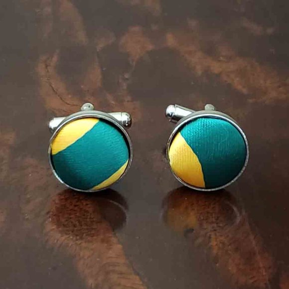 Gascoigne Cufflinks Zinc Metal Alloy with Silk Face Silver Green Yellow Men's - Picture 1 of 2